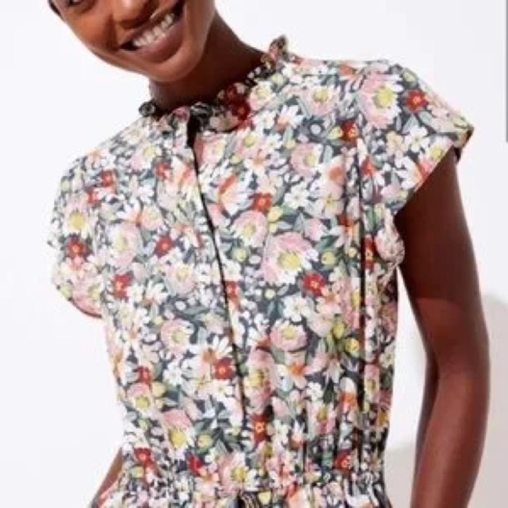 LOFT Floral Ruffle Drawstring Dress - Picture 2 of 8